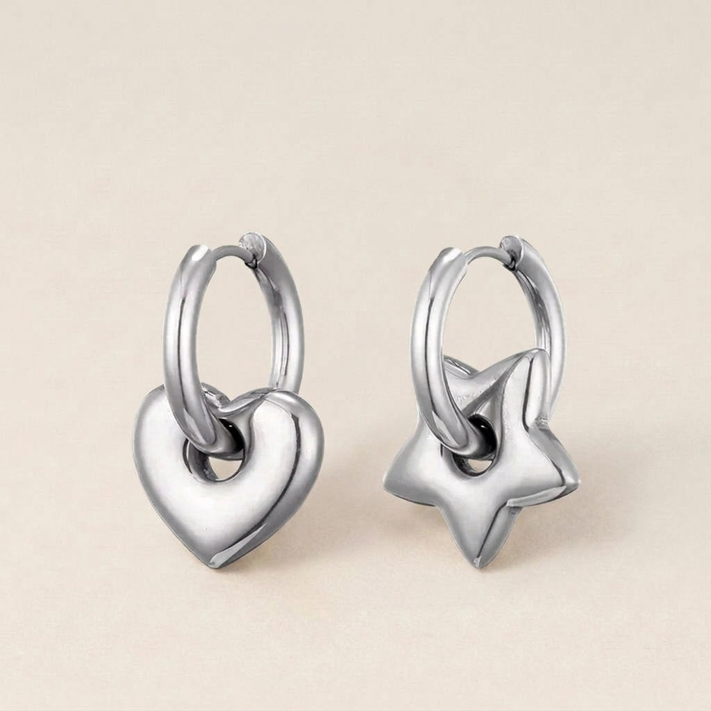 Silver Mismatched Gold Heart & Star Charm Huggie Hoop Earrings