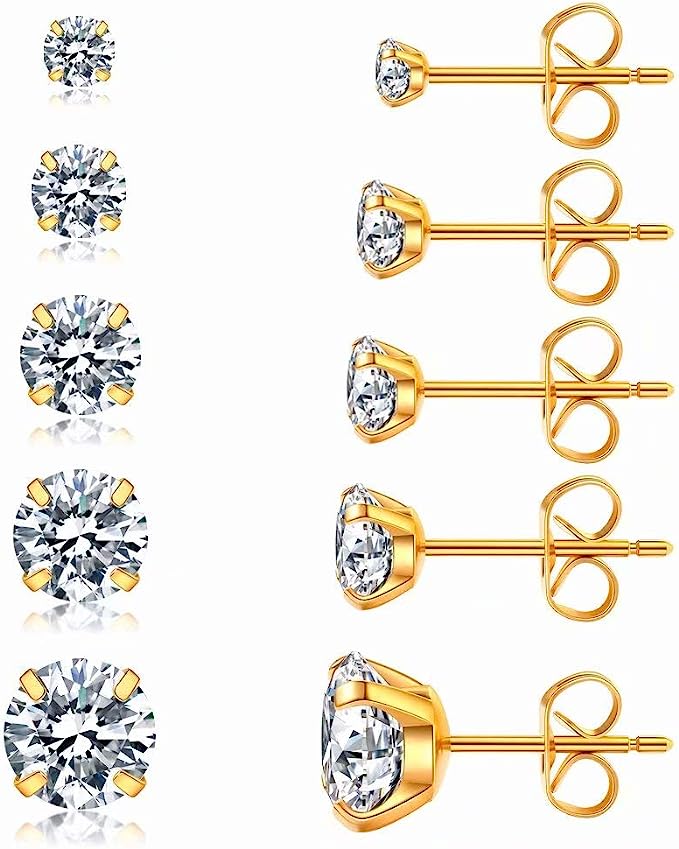 Gold Round Cut CZ Stud Earrings