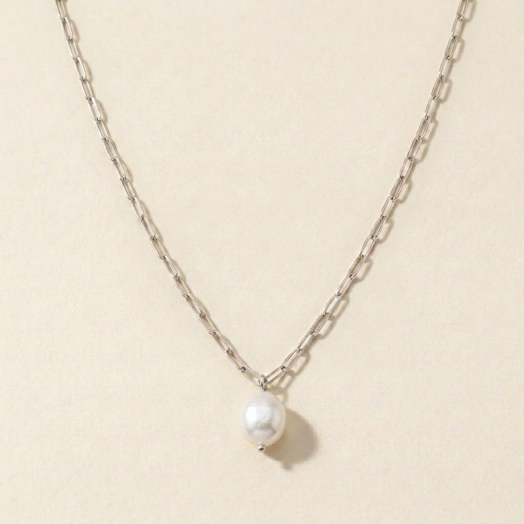 Silver Paperclip Necklace with Pearl Pendant