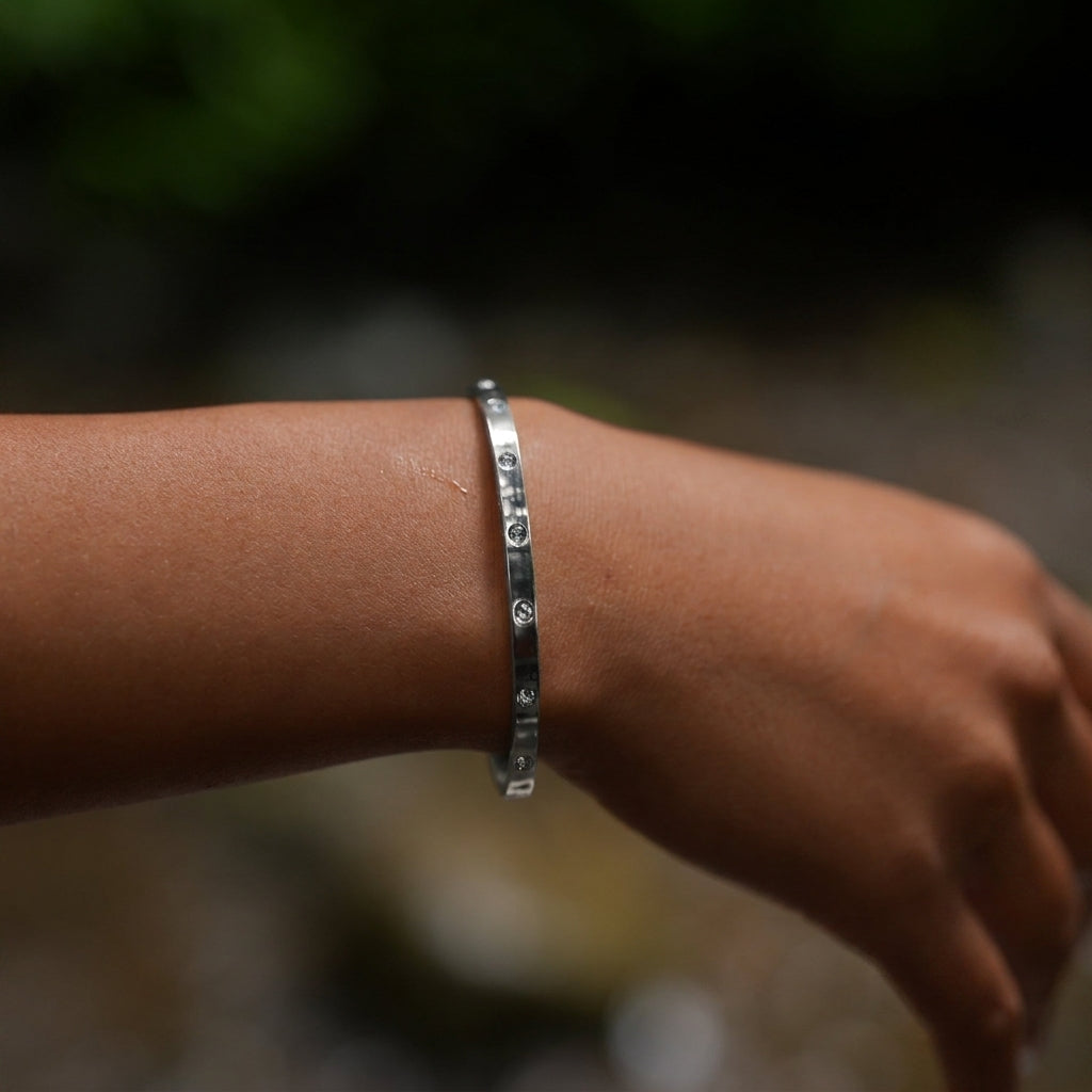 Silver Crystal-Studded Bangle Bracelet
