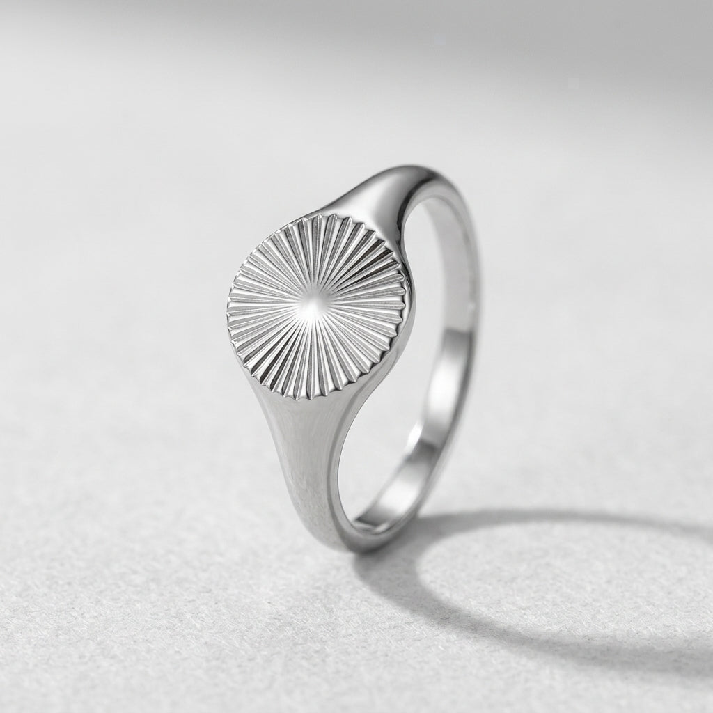 Silver Sunburst Round Signet Ring