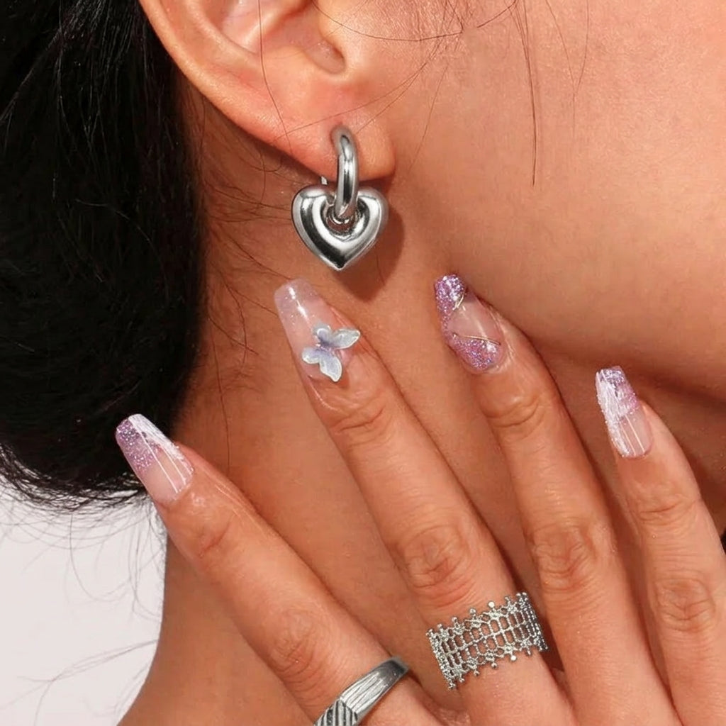 Silver Heart Charm Huggie Hoop Earrings