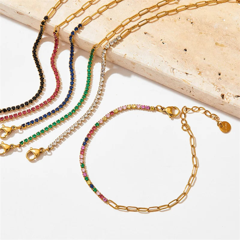 Gold Half Tennis Half Paperclip Multicolor Chain Bracelet