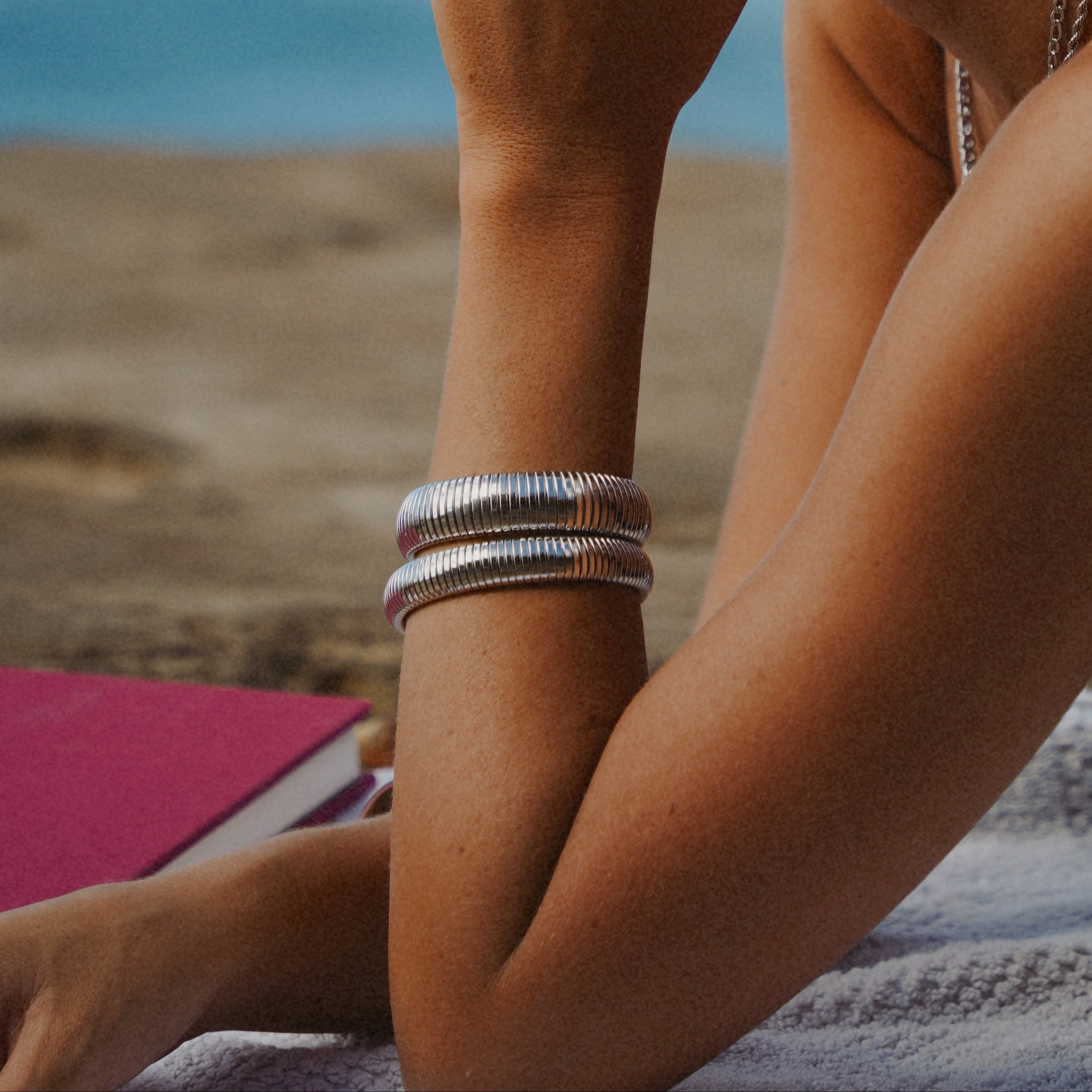 Ribbed Silver Stretch Bracelet