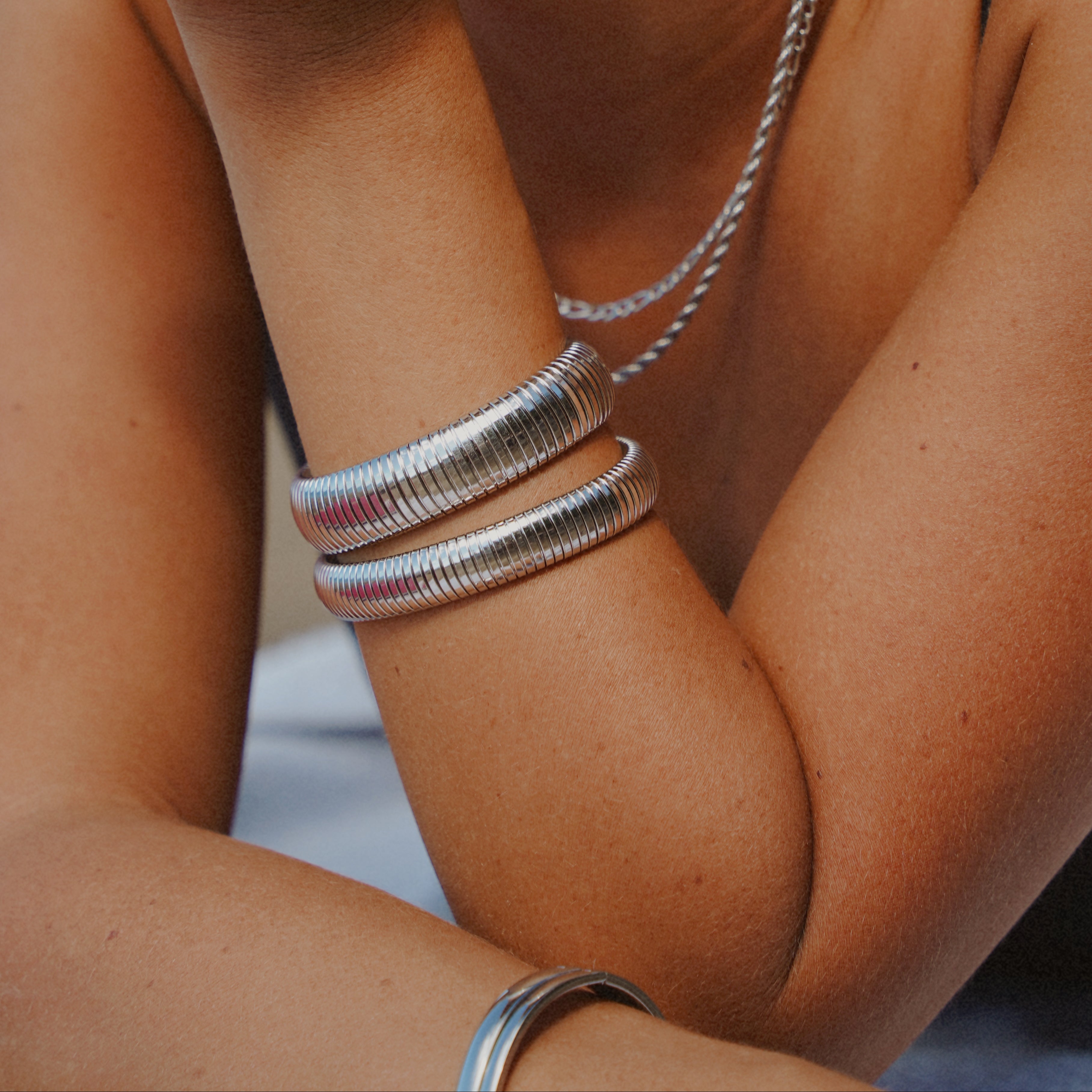 Ribbed Silver Stretch Bracelet