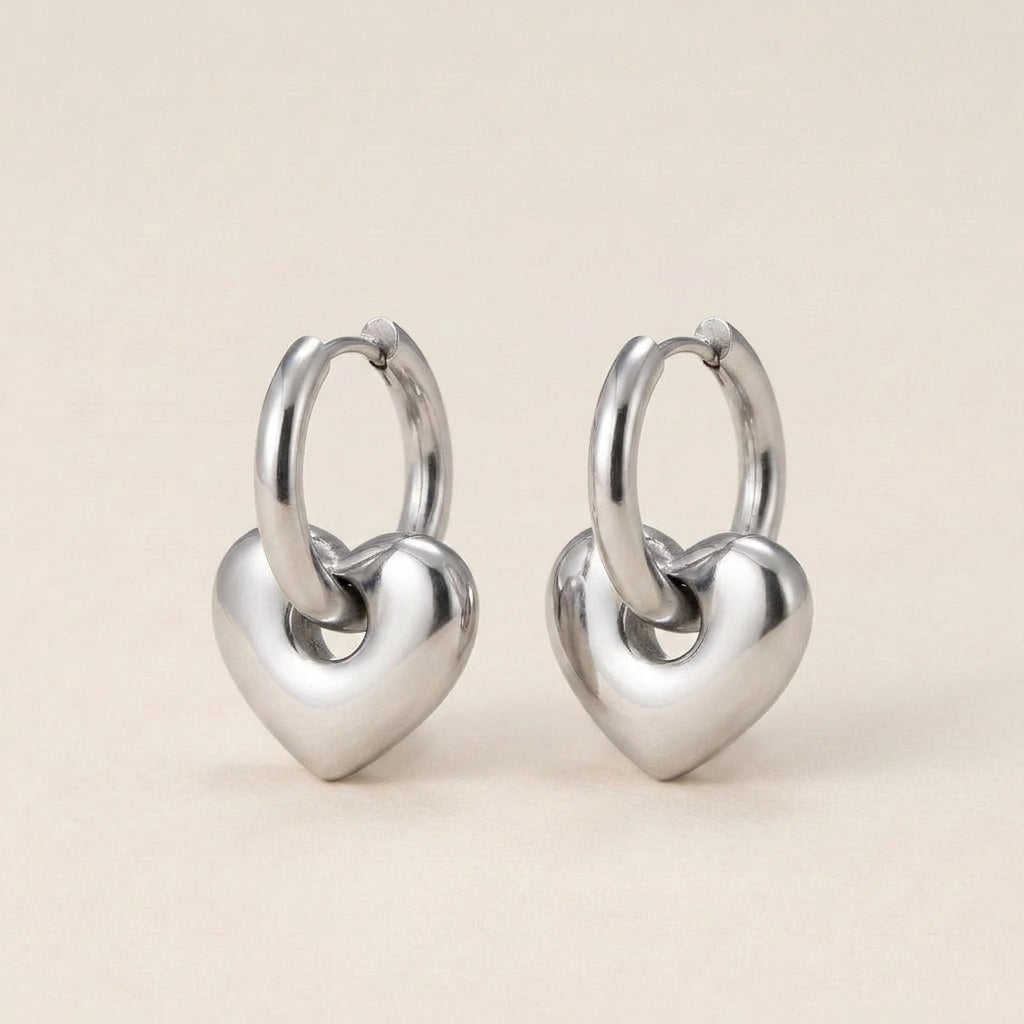 Silver Heart Charm Huggie Hoop Earrings